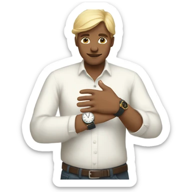 person that is putting a finger on his watch  sticker