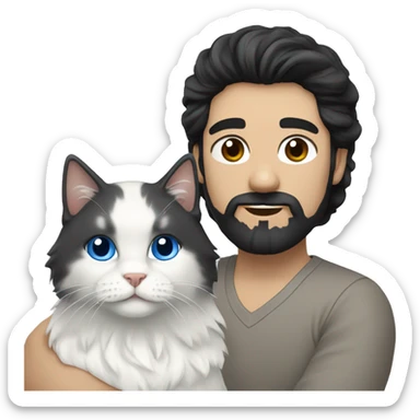 Man with black hair and beard and holding a all white Siberian cat with blue eyes sticker