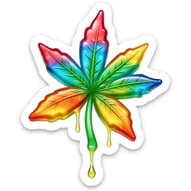 generate an emoji-style image of a juicy gummy shaped like a marijuana flower, make it colorful and with liquid dripping out sticker