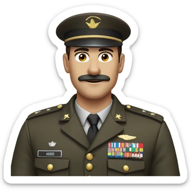 Man in military uniform with thin mustache and parted dark brown hair with his right arm raised at a 45 degree angle upward sticker