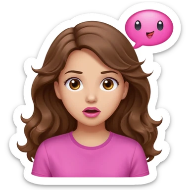 girl with long wavy brown hair, brown eyes, light to medium complexion, in a pink shirt, pink lips, long lashes, surprised, wow speech bubble sticker