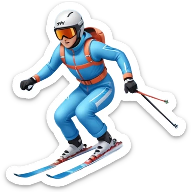 An icon featuring a skier racing down a snow-covered slope, surrounded by snowy peaks, pine trees, and a picturesque mountain landscape. The sky is blue with soft clouds, capturing the thrill and beauty of alpine skiing. Transparent background  sticker