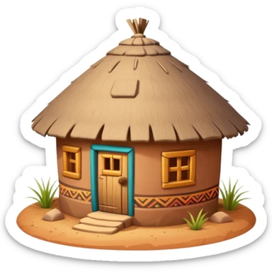 African mud hut tribal house, round adobe clay house, thatched roof, warm sunlight, colorful tribal patterns, cute mobile game icon, 3D cartoon, high detail, clean background sticker