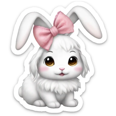 coquette aesthetic, fluffy white bunny with its eyes closed, wearing a pretty pink hair bow with white lace on top of its head between its ears sticker
