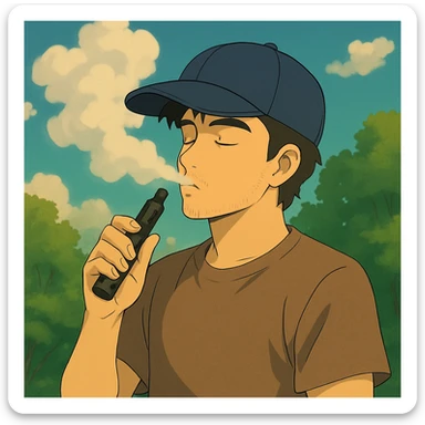 Add a baseball cap to the guy vaping in Ghibli style, keep the background as is. sticker