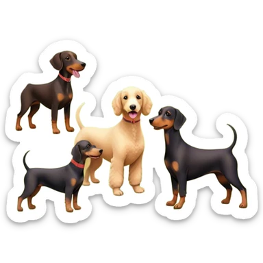 Collage of dogs breeds like Doberman, Poodle, Dachshund, in a park with trees and grass. A joyful, colorful scene with playful expressions. Transparent background. sticker