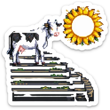 creative pixel art scene where a cow stands on a staircase that leads into the sun, with elements of all three merged visually sticker