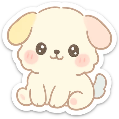 super kawaii, fluffy chubby puppy with a round face, big sparkly eyes, blushing cheeks, tiny limbs, short tail, and soft fluffy fur; hand-drawn Japanese kawaii style, watercolor pastel tone, consistent colors cream, pastel pink, pastel yellow, baby blue sticker
