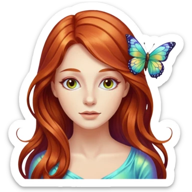 Woman with long flowing auburn hair wearing a butterfly sticker