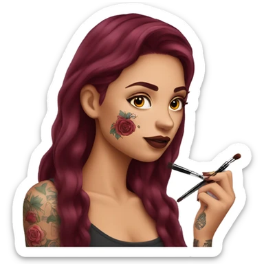 Beautiful tattooed burgundy long haired woman doing her makeup sticker