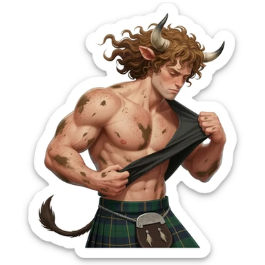 big buff curly hairy man covered in dirt with freckles with messy light brown bangs that covers his face completely with bull horns and bull ears and bull tail dressed in kilt rips his T-shirt apart with wind in his hair sticker
