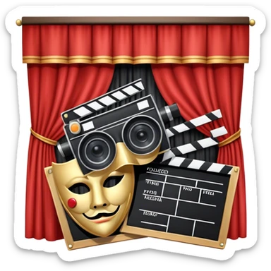Icon for Acting in Theatre and cinema: a stage with curtains, a theater mask, a film camera and a clapperboard. The design should represent theatrical performance and acting techniques. Transparent background. sticker