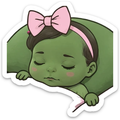 Brunette baby girl sleeping pink bow sticker