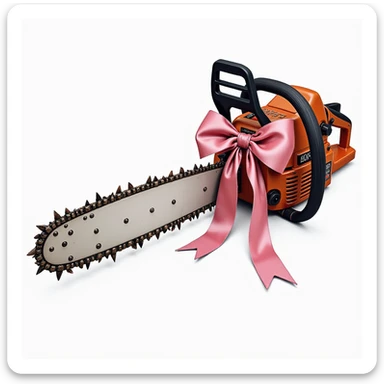 realistic chainsaw with a pink bow, detailed illustration, photorealistic, intricate details, high quality sticker