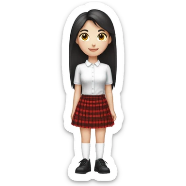 a girl with straight dark hair, slender and beautiful. full length emoticon wearing a red checkered skirt, white shirt, black short shoes and white knee high stockings sticker