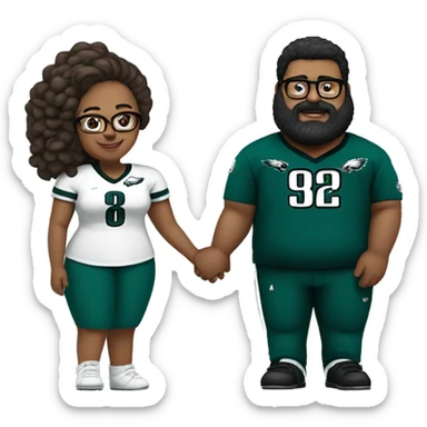Fat Brown guy with beard mustache and brown girl with glasses and her hair in a bun in Philadelphia eagles clothes holding hands sticker