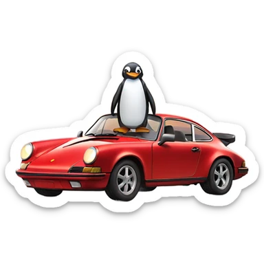 penguin riding in a porsche 911 at sunset sticker