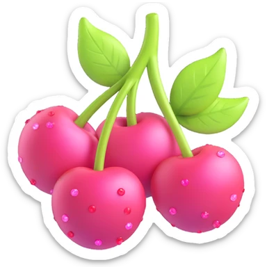 Enhance the cherries and leaves to be even more three-dimensional and voluminous in the 3D iOS emoji style. Keep the glossy finish, pink watercolor-like circles in the background, and sparkles around. Preserve the composition and details from the reference image. sticker