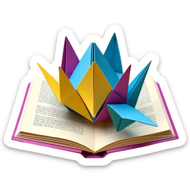 3D render of Pop-Up Book entirely of folded origami paper, sharp creases, cardboard texture, matte finish, visible paper grain, craft aesthetic, sticker