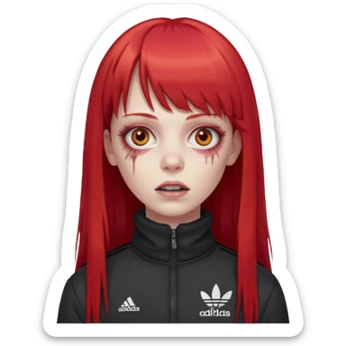 Crie um emoji de uma menina zumbi  com o cabelo vermelho longo com uma franja reta casaco de gola alta da adidas sticker
