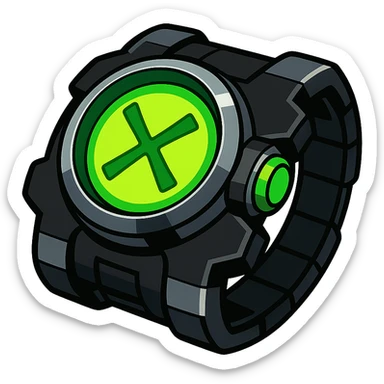futuristic alien wrist device, black and metallic silver, neon green glowing circular screen with double-headed arrow or X-shaped alien symbol, screen lights up, advanced and durable, sci-fi technology, vibrant toon style sticker