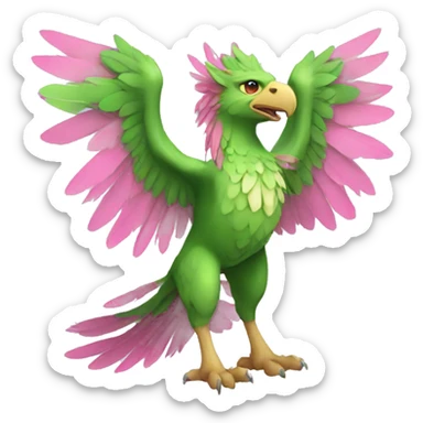 Full-body green gryphon with pink wings and pink tail-feathers sticker