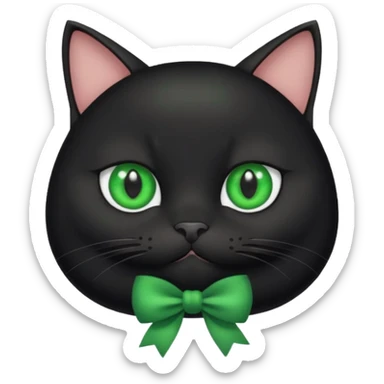 fat black cat with a white circle on their chest and green eyes with a green bow  sticker