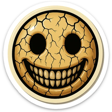 creepy emoji with cracks, empty eyes and wide smile, sharp black outlines, clear shadows and highlights, no gradients, retro stickers style sticker