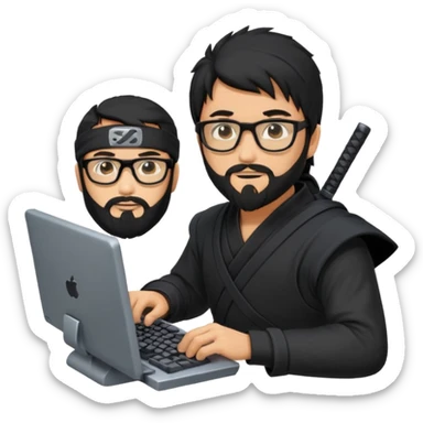 Man with black hair and beard wearing glasses in a ninja costume. Keep the top left version, make the beard longer and replace the sword on his with a computer keyboard  sticker