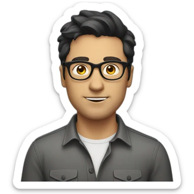white man with dark hair, shirt and glasses talking sticker
