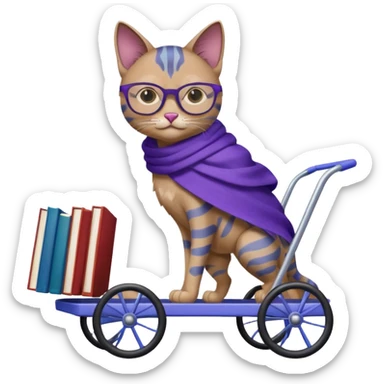 Purple and blue cat, with glasses and a shawl, pushing a 4 wheeled cart full of books sticker