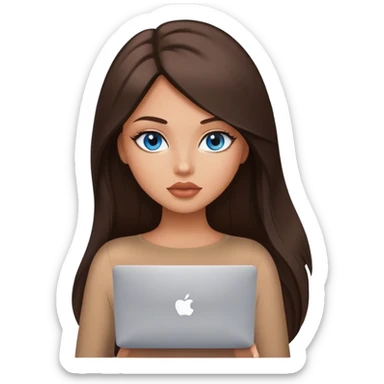 Glamours tanned very beautiful girl with big pump peach lips and dark chocolate straight smooth silky long hair, blue eyes in brown/beige bodysuit with MacBook sticker