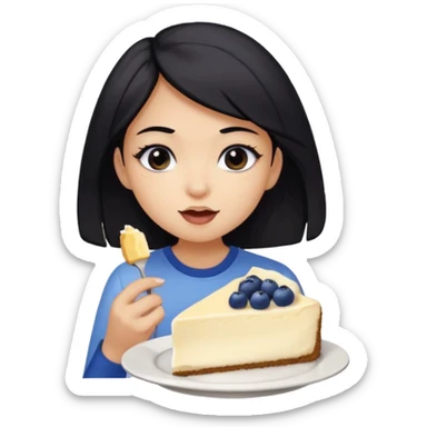 a black haired girl with black eyes, and krem shirt eating a piece of cheesecake with blueberry on top of it sticker
