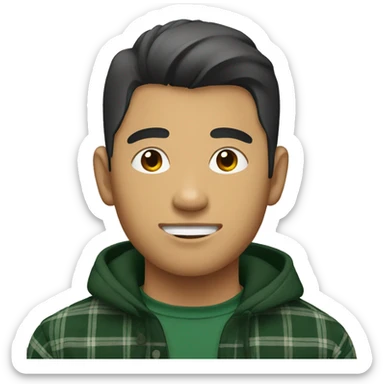 Tan asian guy with wolfcut and a dark green flannel sticker