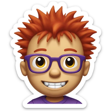 Rugrats, a red-haired one year baby with spiky hair and only 2 front teeth wearing purple square glasses and a blue shirt with red trim sticker