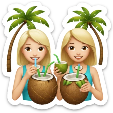 Two girls drinking out of a coconut one Asian one blonde  sticker