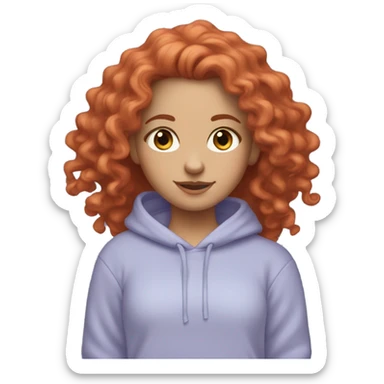 white girl with long red curly hair, wearing a pastel periwinkle hoodie doing a pose sticker