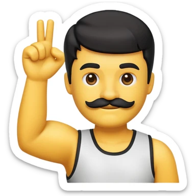 An emoji with black sideswept bangs and a blocky mustache lifting up his right arm sticker
