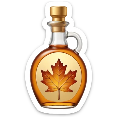 glass bottle of maple syrup, amber syrup visible, rounded shape with handle, gold or dark brown screw cap, glossy surface, subtle reflections, maple leaf symbol, 3D clean style, transparent background sticker