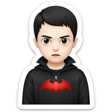 Vampire boy with the short black hair, pale-white skin, black eyes, little fangs and dark circles under his eyes. He has serious face and he wear a black oversize sweatshot sticker