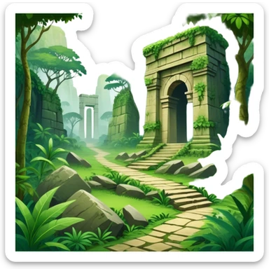 Icon for Adventure Movie: A vintage movie poster-style design with a jungle clearing path, dense foliage surrounding it. In the distance, ancient ruins peek through the trees. The atmosphere is mysterious and adventurous, with soft light cutting through the trees. Transparent background. sticker