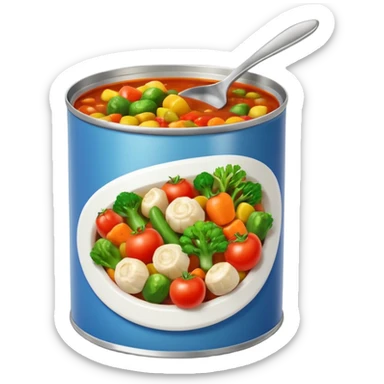 open tin can with chunky mixed vegetables in tomato sauce, no spoon or branding, soft lighting, subtle shadows, emoji scale sticker