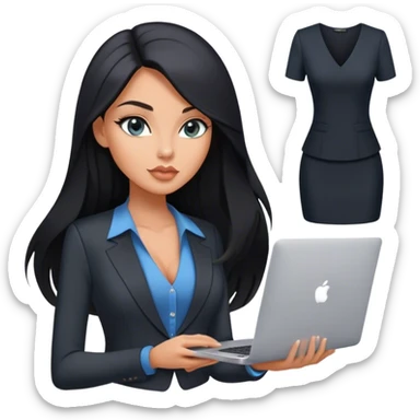 Glamours tanned very beautiful girl with pump peach nude lips and black straight smooth long hair, blue-grey eyes in beautiful v-neck black vest from the suit (short sleeves) with MacBook sticker