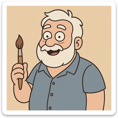 man with a round face, white hair and beard, blue collared shirt, holding a paint brush, cartoon style sticker