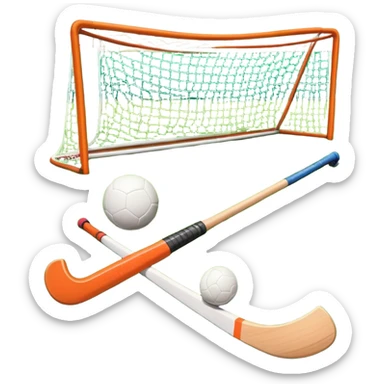 Hockey on grass. A field hockey stick and ball resting on a well-maintained grass field, with the goalposts and markings visible in the background. The scene highlights the precision and focus of the sport, with the vibrant green pitch creating a dynamic atmosphere. sticker