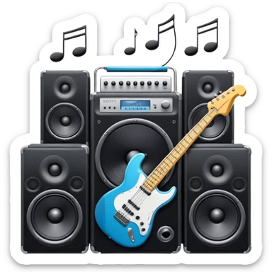 Icon for R&B Music Listening: large concert speakers and headphones with waves of musical notes coming out, along with an electric guitar, bass guitar, drum kit, and synthesizer, saxophone. The icon should convey the energetic and rhythmic vibe of R&B music. Transparent background. sticker