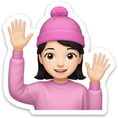 Kid in pink hat and jumper waving, blakc hair sticker