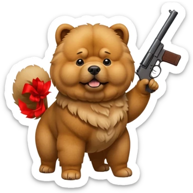 Funny realistic-style chow chow dog with light fur standing on its hind legs and holding a gun menacingly sticker