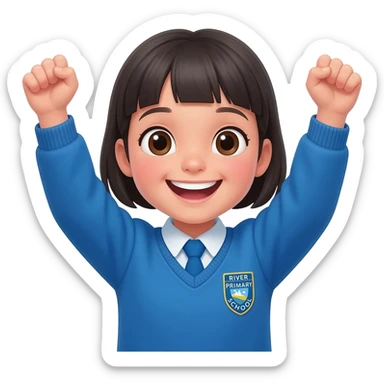 primary school girl celebrating wearing a blue uniform with a river primary school badge. Arms in the air big smile on face sticker
