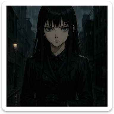 ultra-detailed anime girl with long straight black hair, sharp bangs, pale skin, amber green eyes, cold intense gaze, standing in the rain, cinematic lighting, wet dark school uniform, gloves, noir urban background, moody anime style, gothic shoujo, dramatic shadows sticker